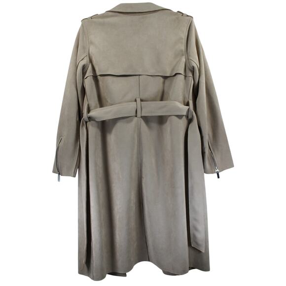 Magaschoni Faux Suede Belted Trench Coat Taupe Zip Pockets Size S - Picture 2 of 11